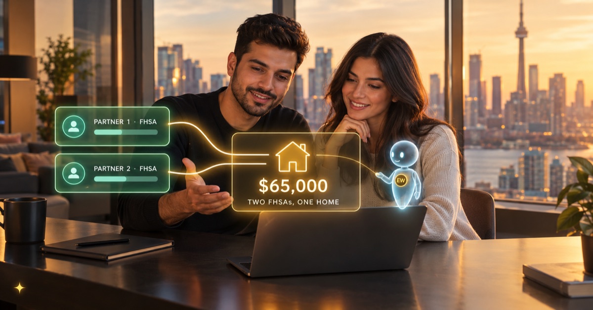 A couple in Canada with two FHSAs, one per partner, combining into a $65,000 down payment for one home
